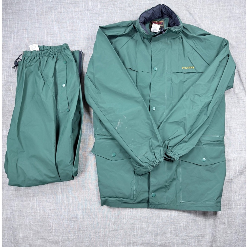 Stearns Dry Wear Rain Suit Mens Large Green 2pc Jacket Pants Set 8176 PVC Nylon